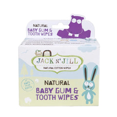 Jack N' Jill Baby Gum & Tooth Wipes packaging closeup for on-the-go oral care.