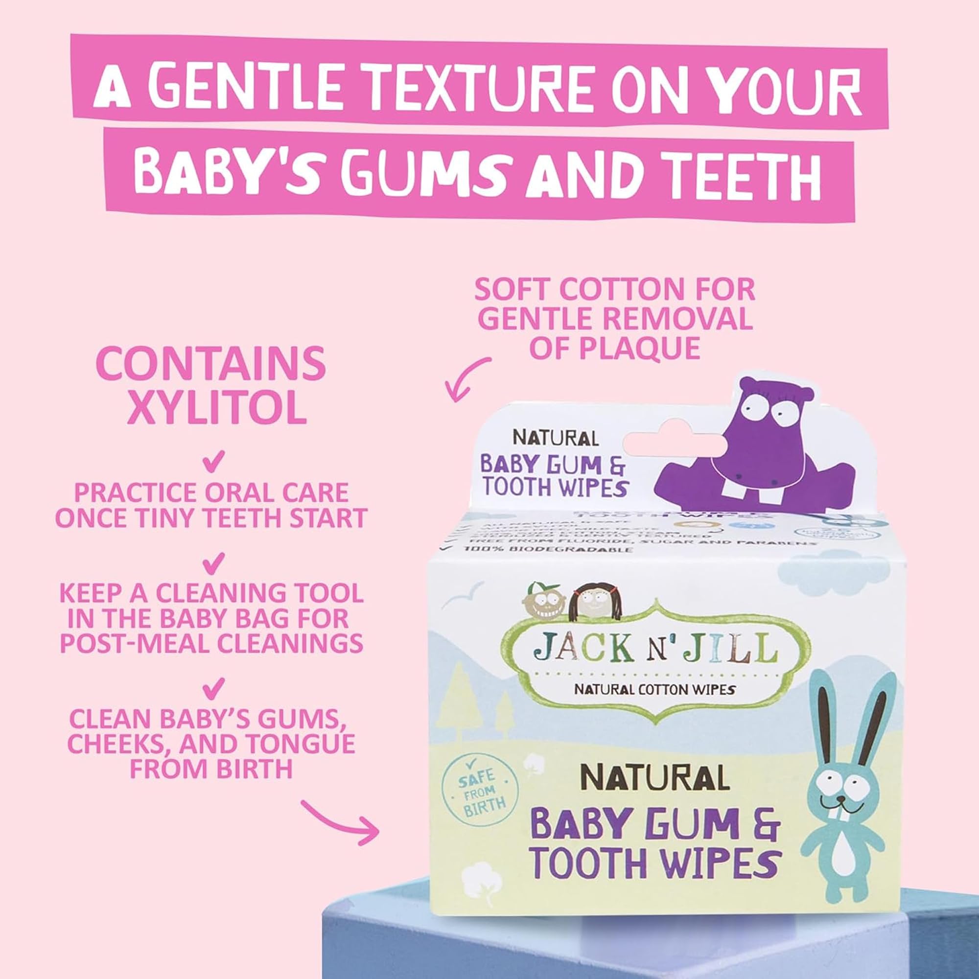 Jack N' Jill Baby Gum & Tooth Wipes with water and xylitol formula for gentle cleaning.