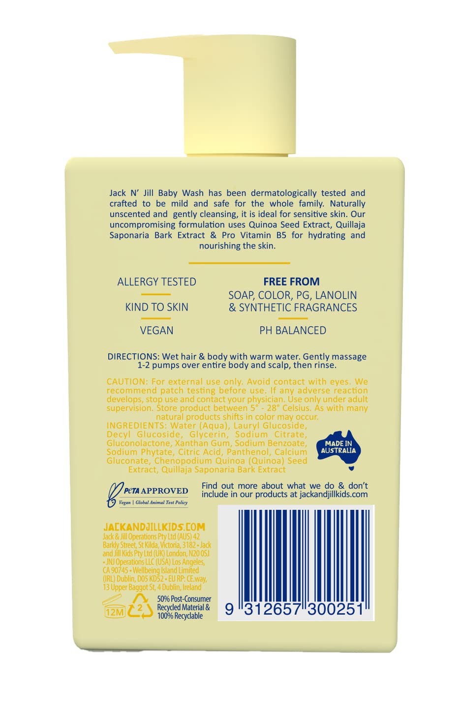 Jack N' Jill natural baby wash creates a light, unscented lather for sensitive skin.