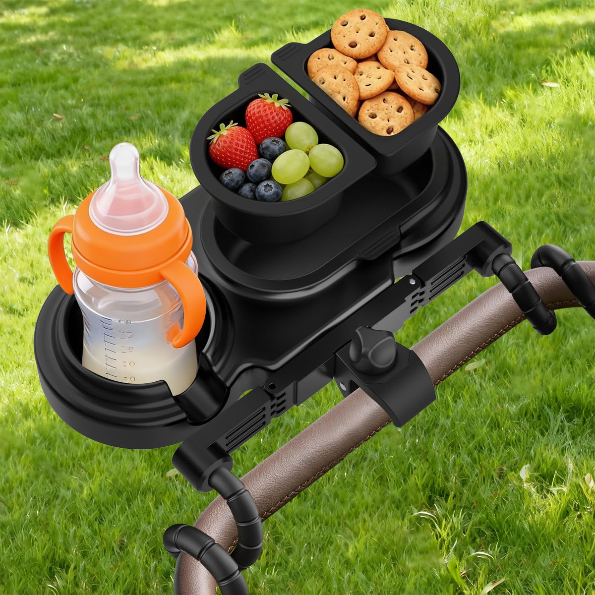 JACZZO universal stroller snack tray clip setup for secure attachment