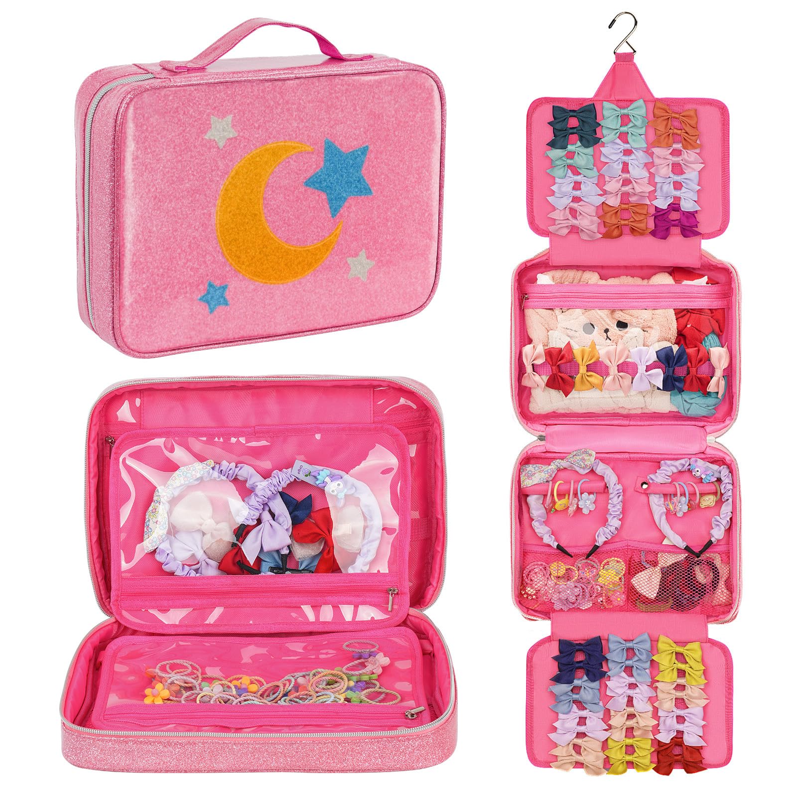 Jaffzora bow organizer in pink with moon and stars keeps bows dust-free and accessible