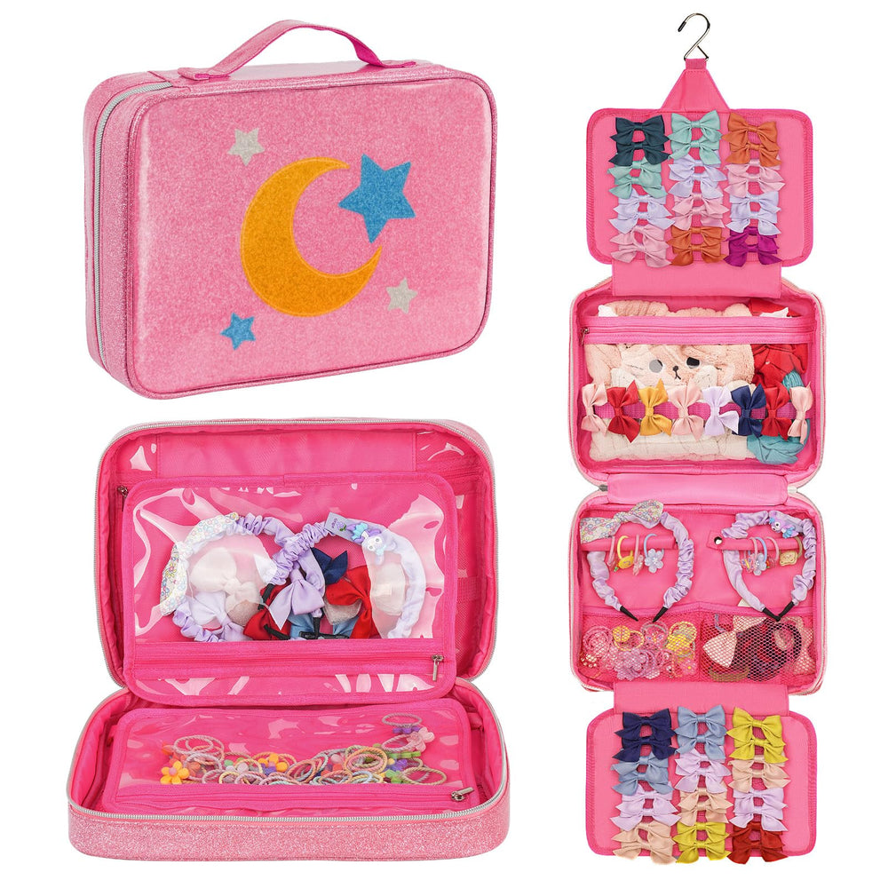 Jaffzora bow organizer in pink with moon and stars keeps bows dust-free and accessible