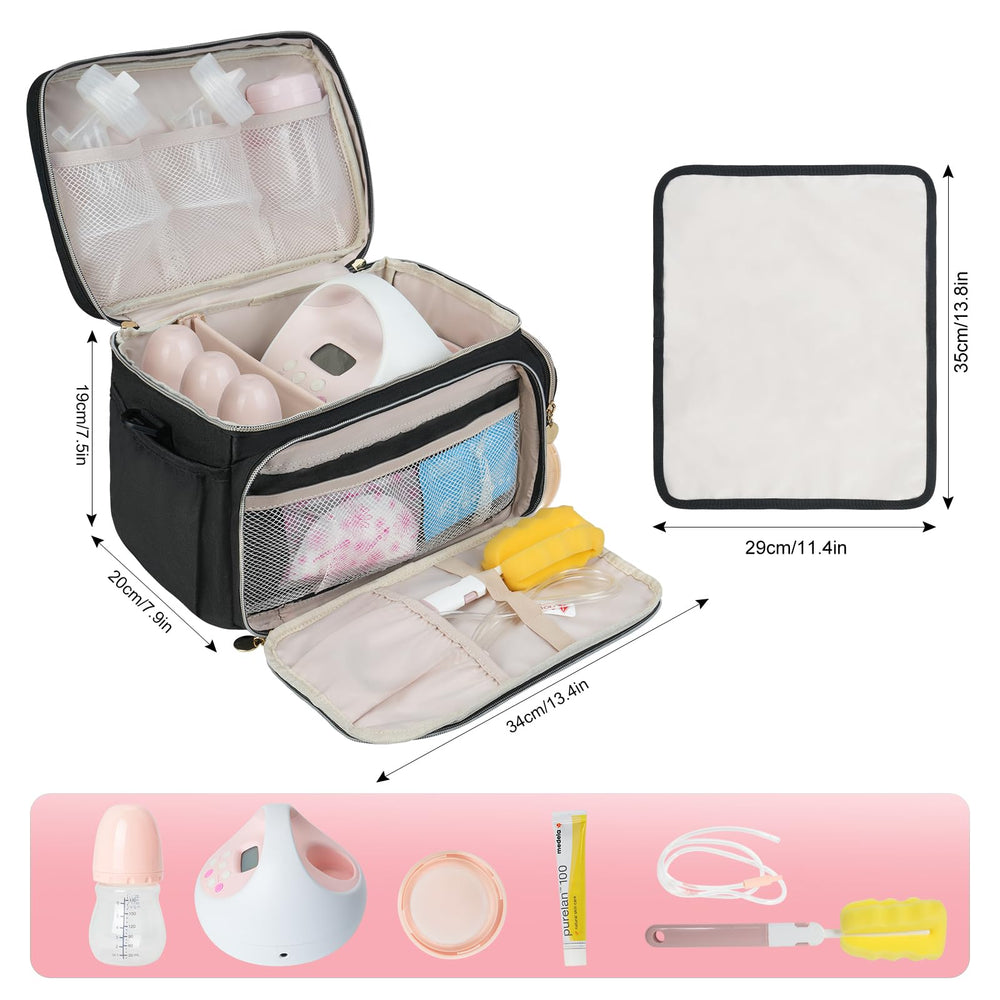 Jaffzora bag with detachable divider keeps pump and bottles organized on the go.