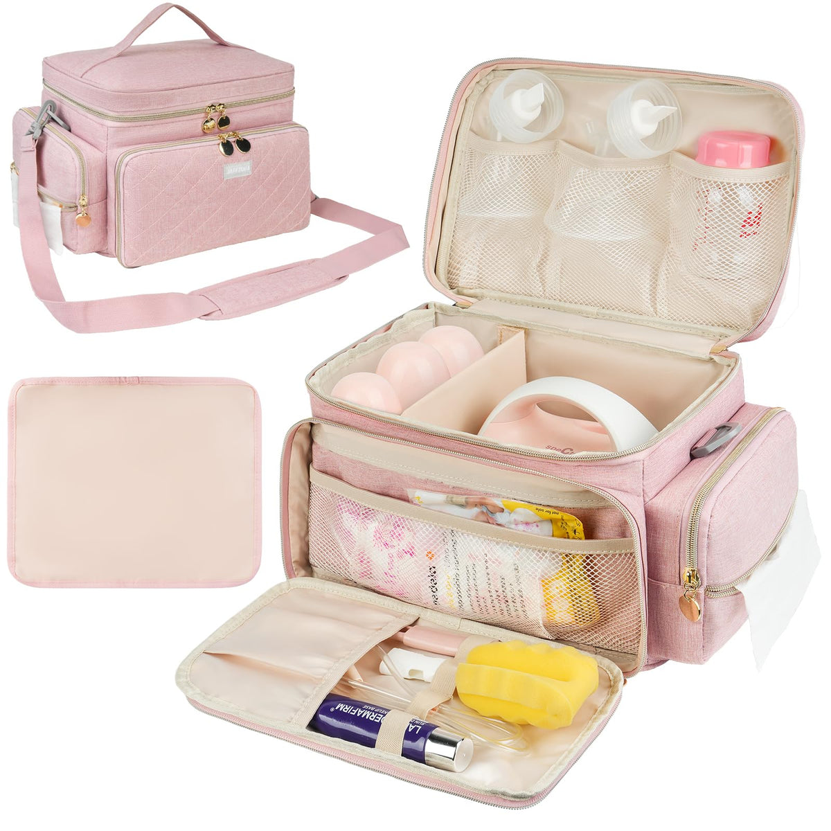 Jaffzora breast pump bag for Spectra S1/S2 in pink keeps essentials neatly organized