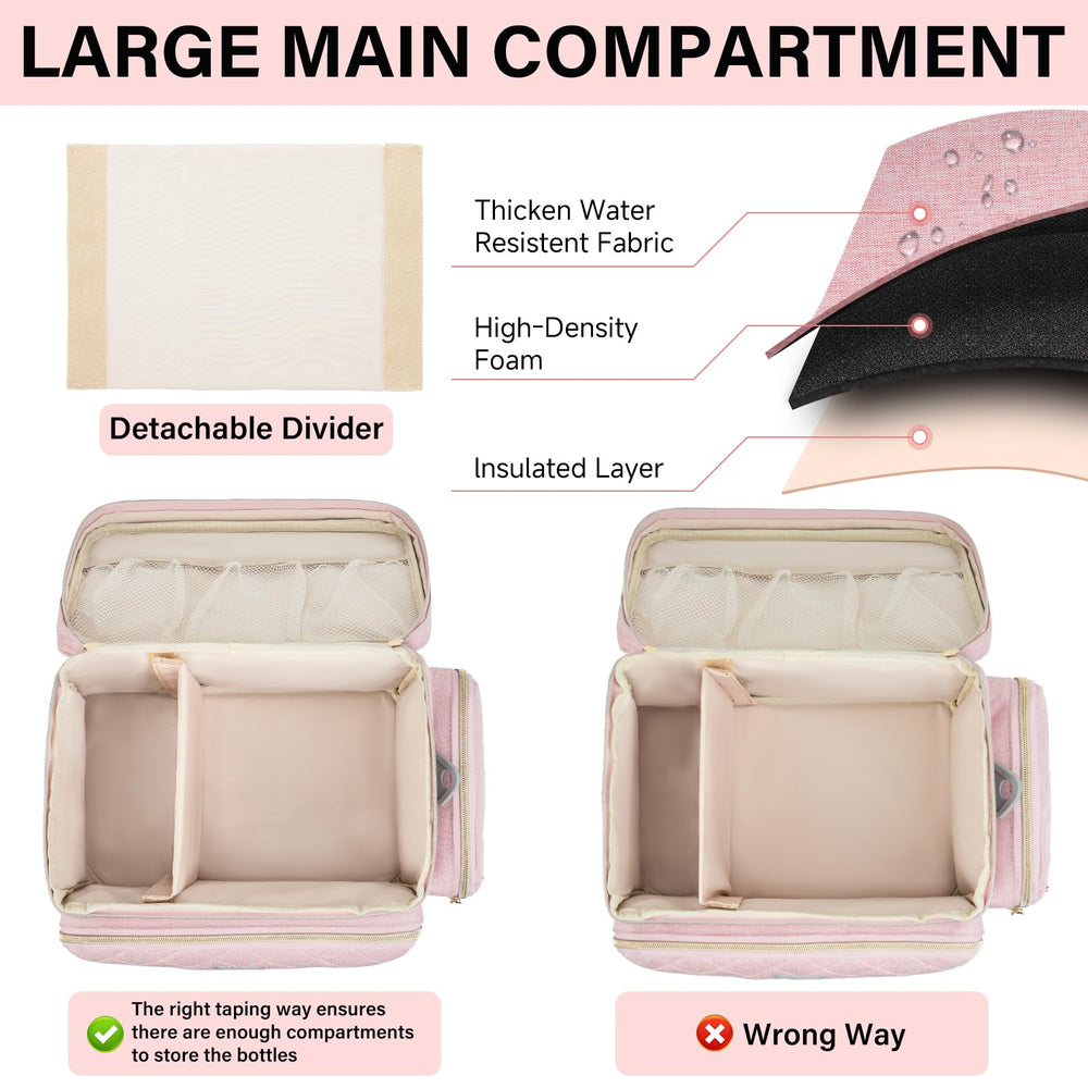 Pink waterproof material protects pump and bottles during travel