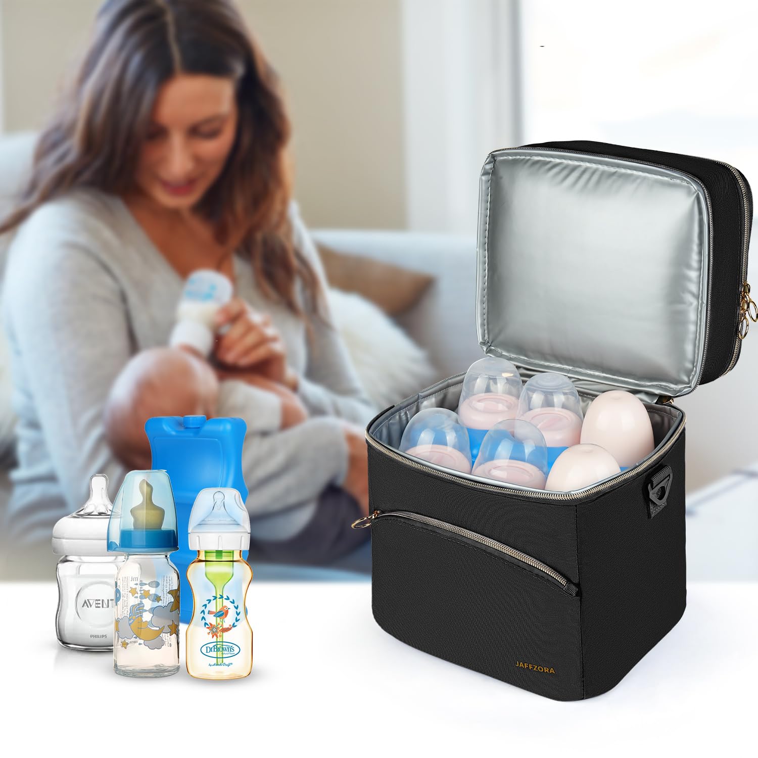 Jaffzora breastmilk cooler bag front pocket stores phone and small essentials.