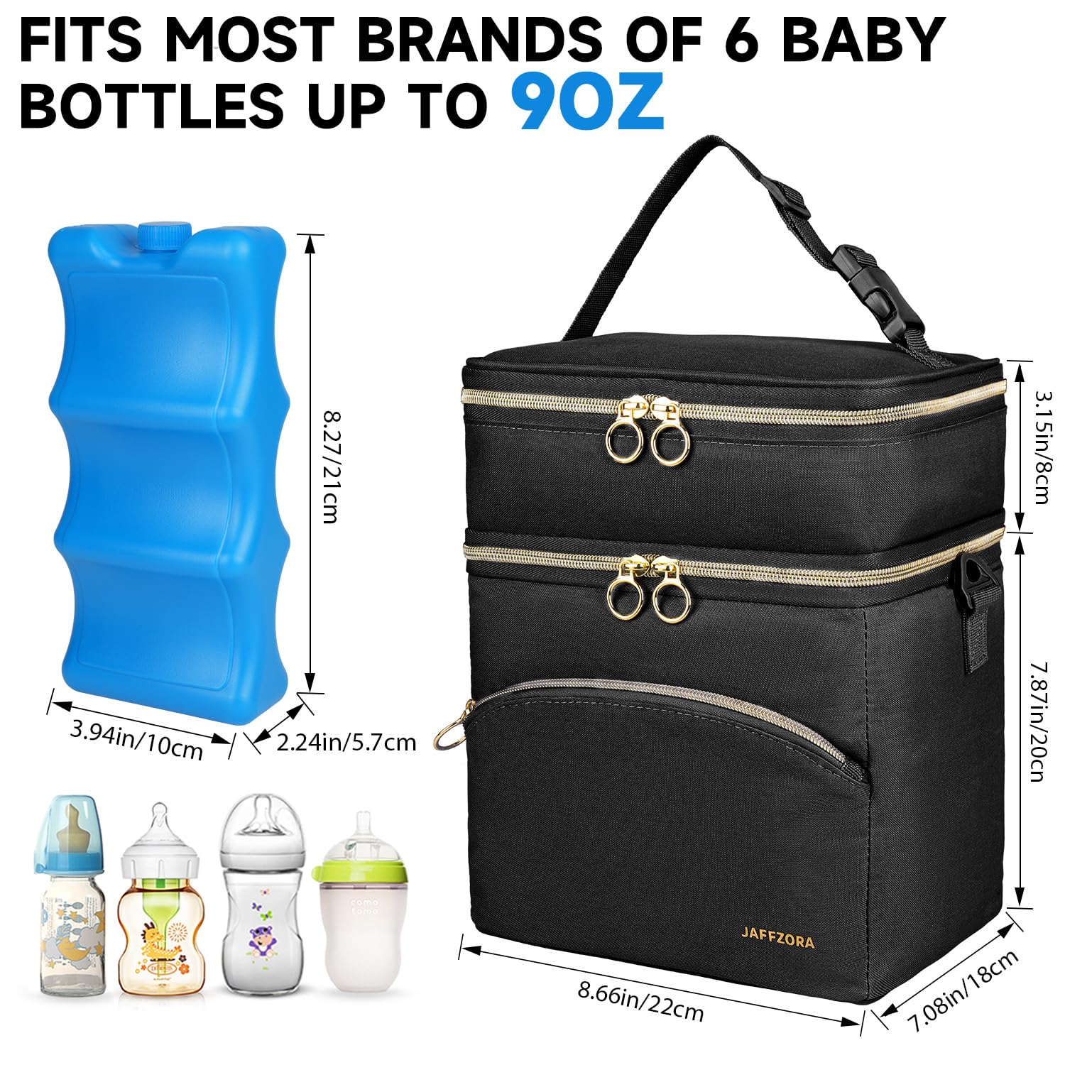 Jaffzora stroller-ready cooler bag with adjustable handle for easy transport.