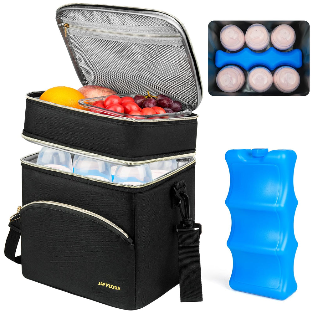 Jaffzora breastmilk cooler bag top compartment keeps milk cool on the go.