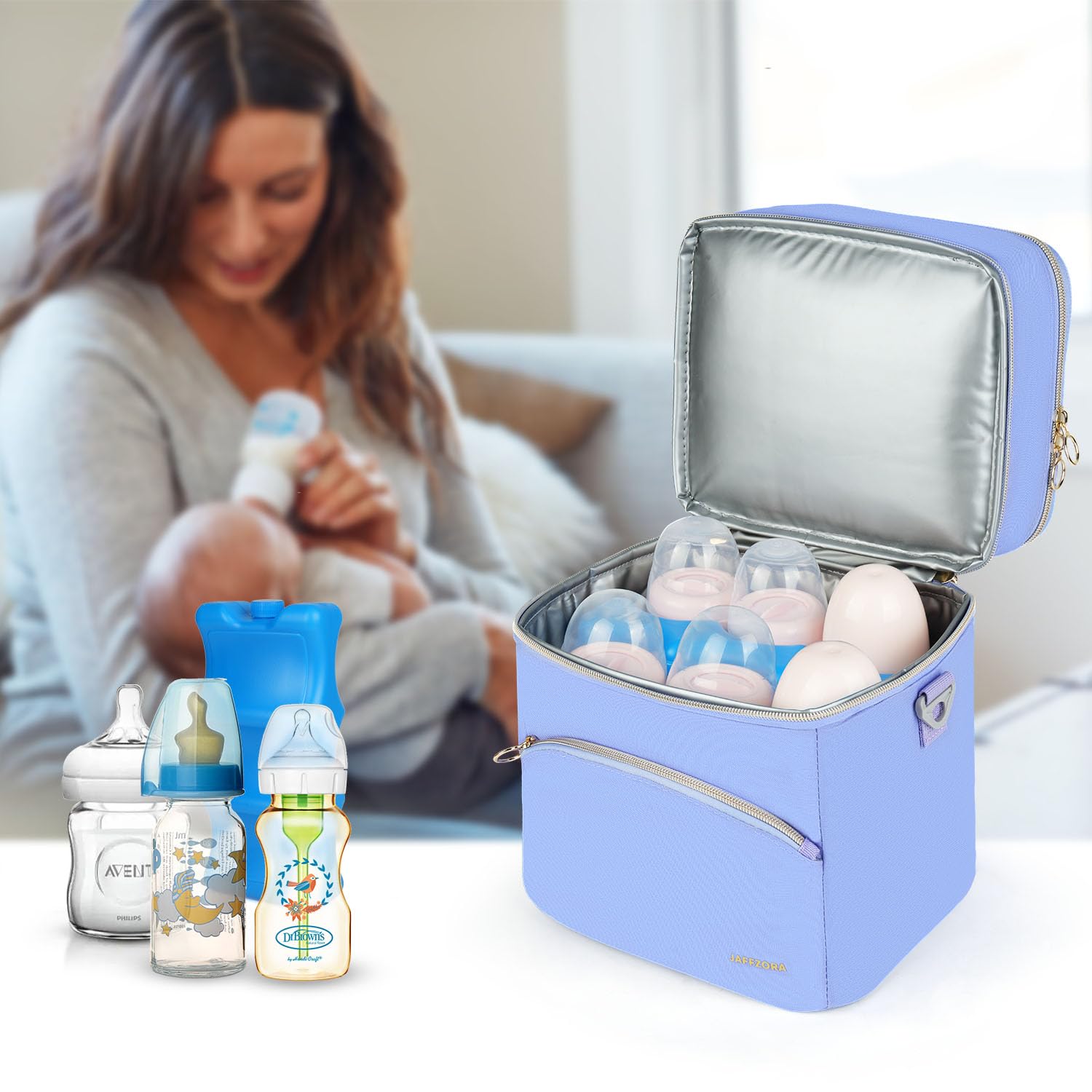 Jaffzora breastmilk cooler bag features water-resistant exterior and wipeable lining.