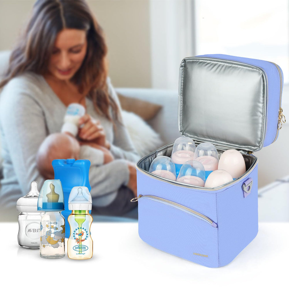 Jaffzora breastmilk cooler bag features water-resistant exterior and wipeable lining.