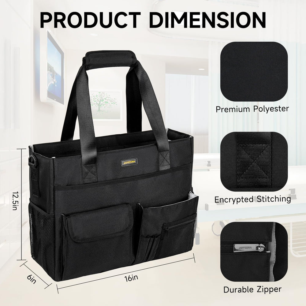 Jaffzora Nurse Tote Bag in black complements professional attire.