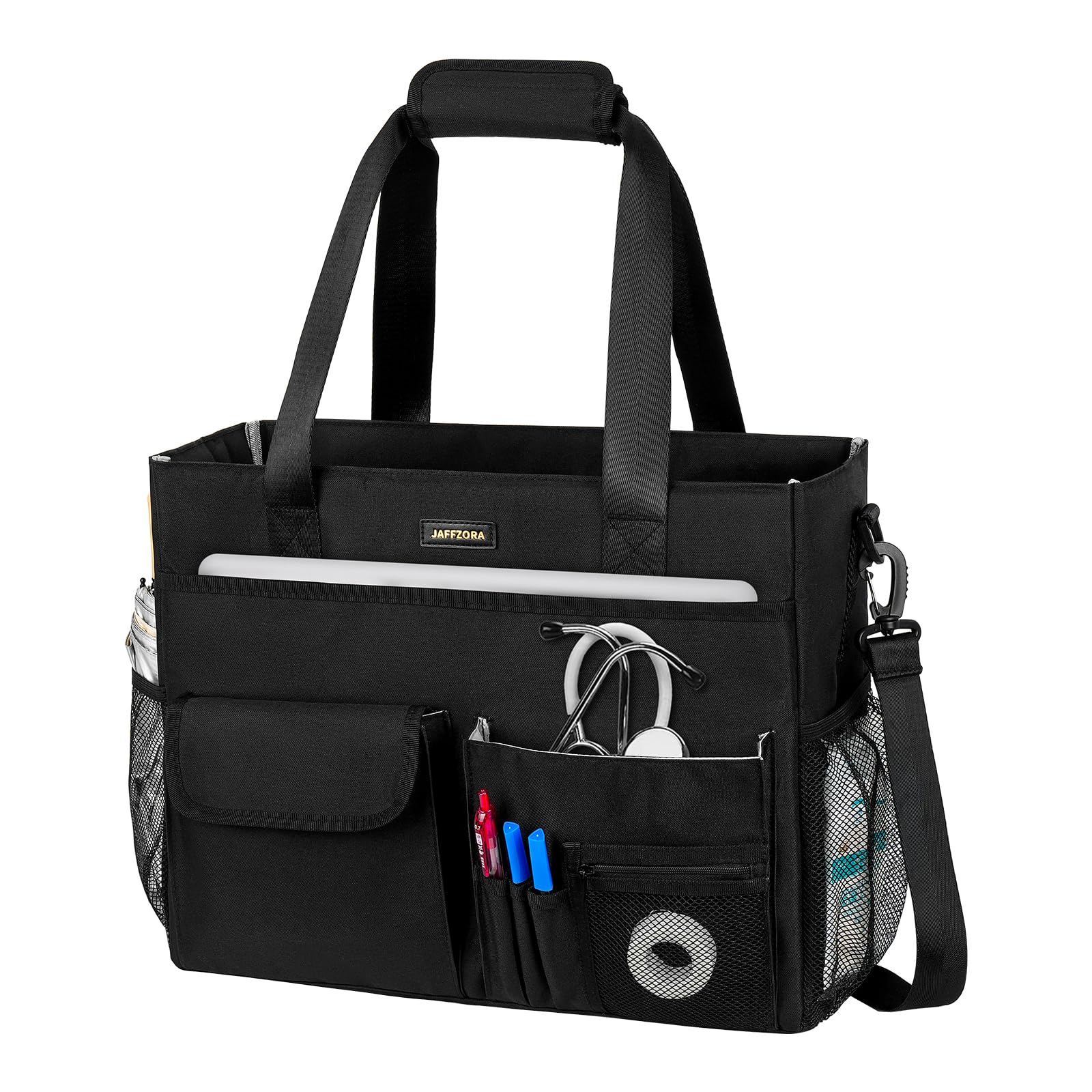Jaffzora Nurse Tote Bag with padded laptop sleeve protects a 15.6-inch laptop.