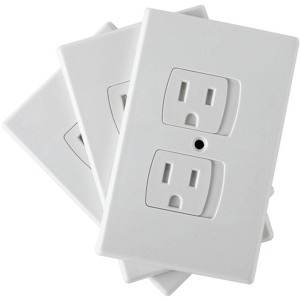Jambini self-closing outlet covers 3-pack closeup, reducing access to outlets.