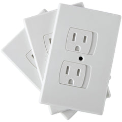 Jambini self-closing outlet covers 3-pack closeup, reducing access to outlets.
