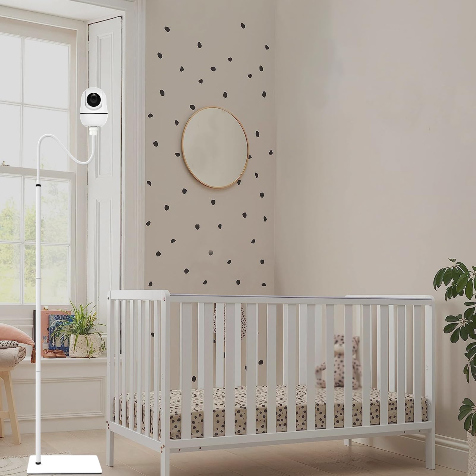 JAMYOK white nursery monitor stand blends with decor while staying accessible.