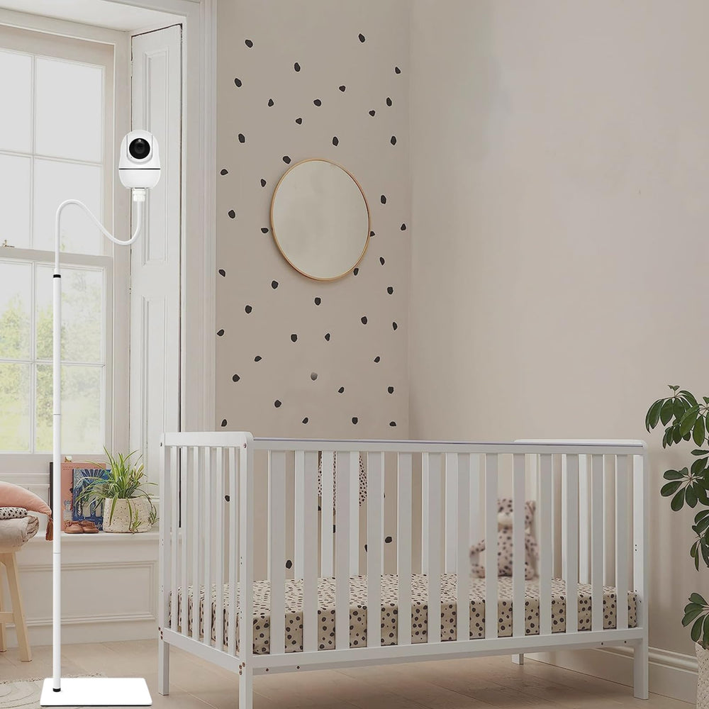 JAMYOK white nursery monitor stand blends with decor while staying accessible.