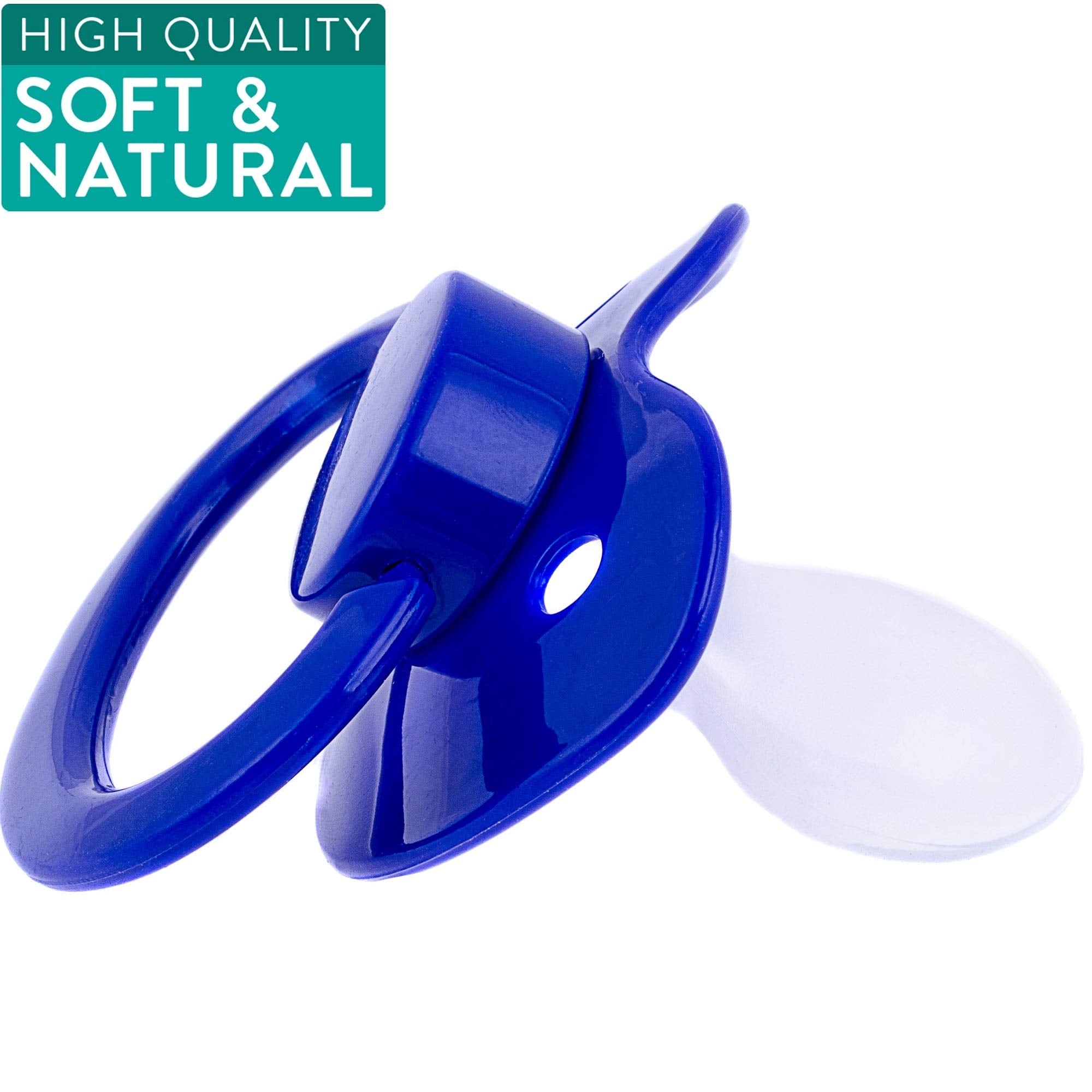 J&Or pastel blue heaven pacifier in hand demonstrates calming, natural-feel design.