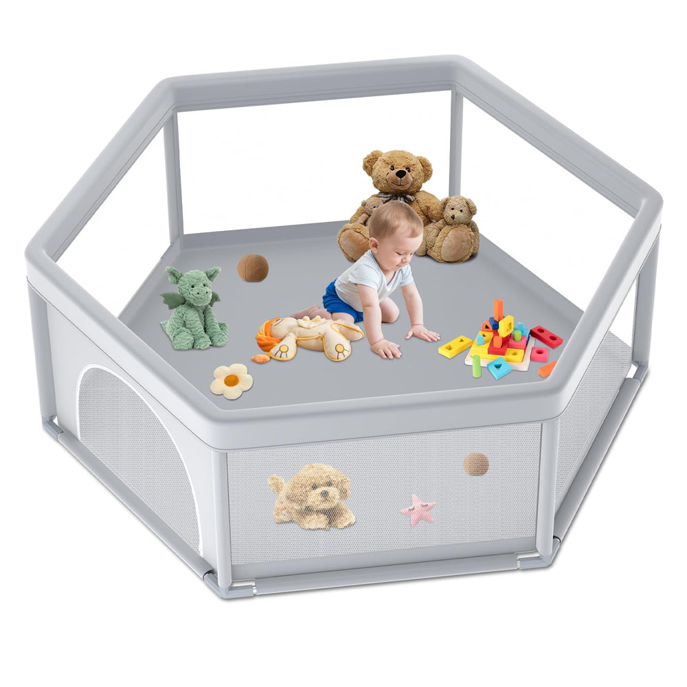 Jaobeem hexagonal playpen structure seen from above, spacious safe area for baby
