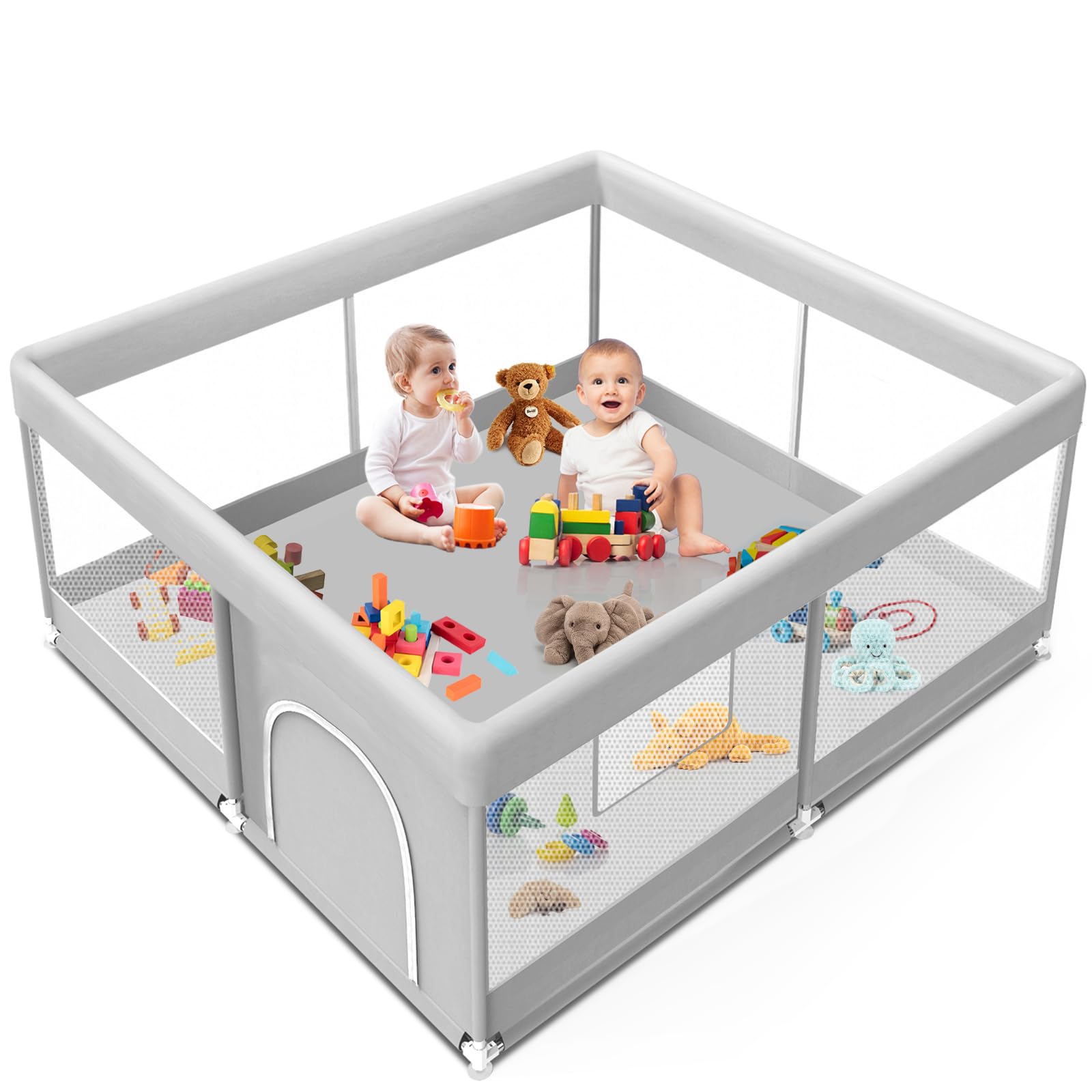Jaobeem baby playpen side view with breathable mesh for safe supervision.