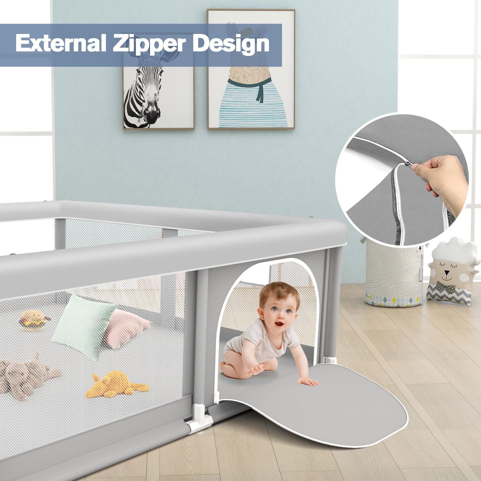 Jaobeem playpen easy-clean fabric view promises simple maintenance.