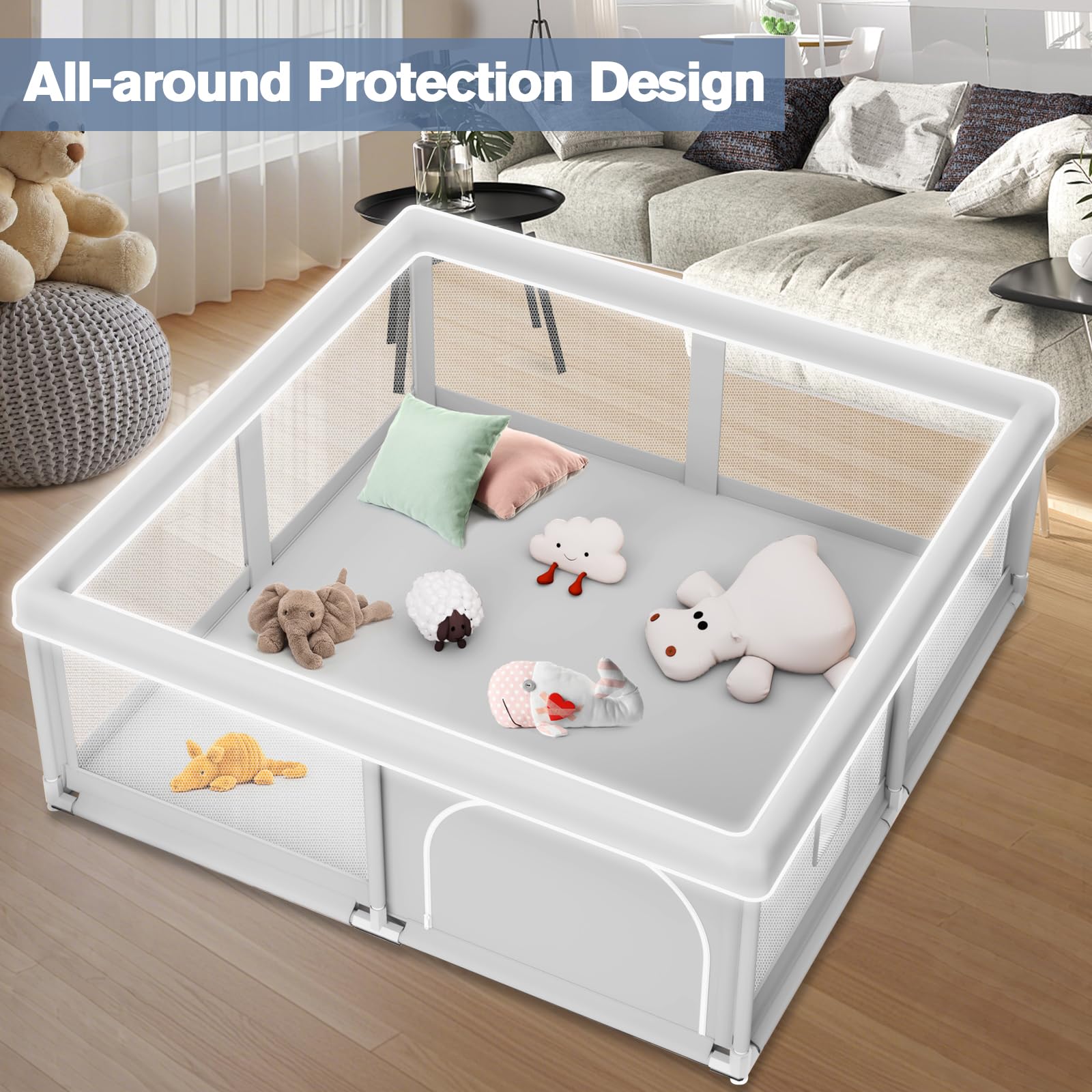 Jaobeem baby playpen full-coverage no-gap view emphasizes safe enclosure.