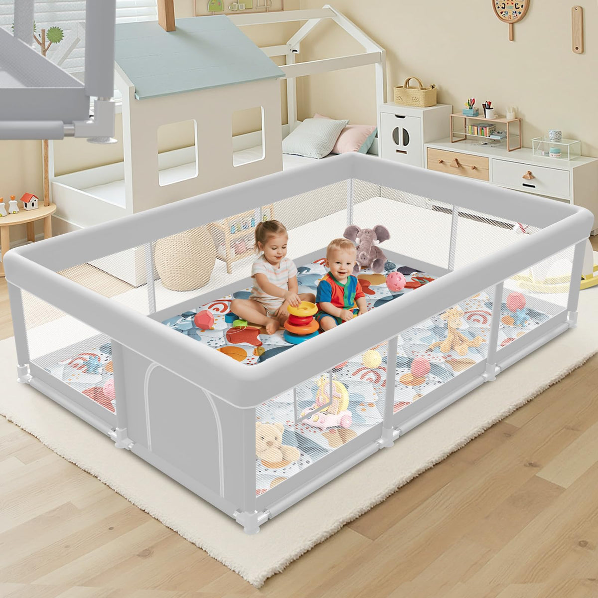 Jaobeem baby playpen with mat top view shows a safe, supervised play space.