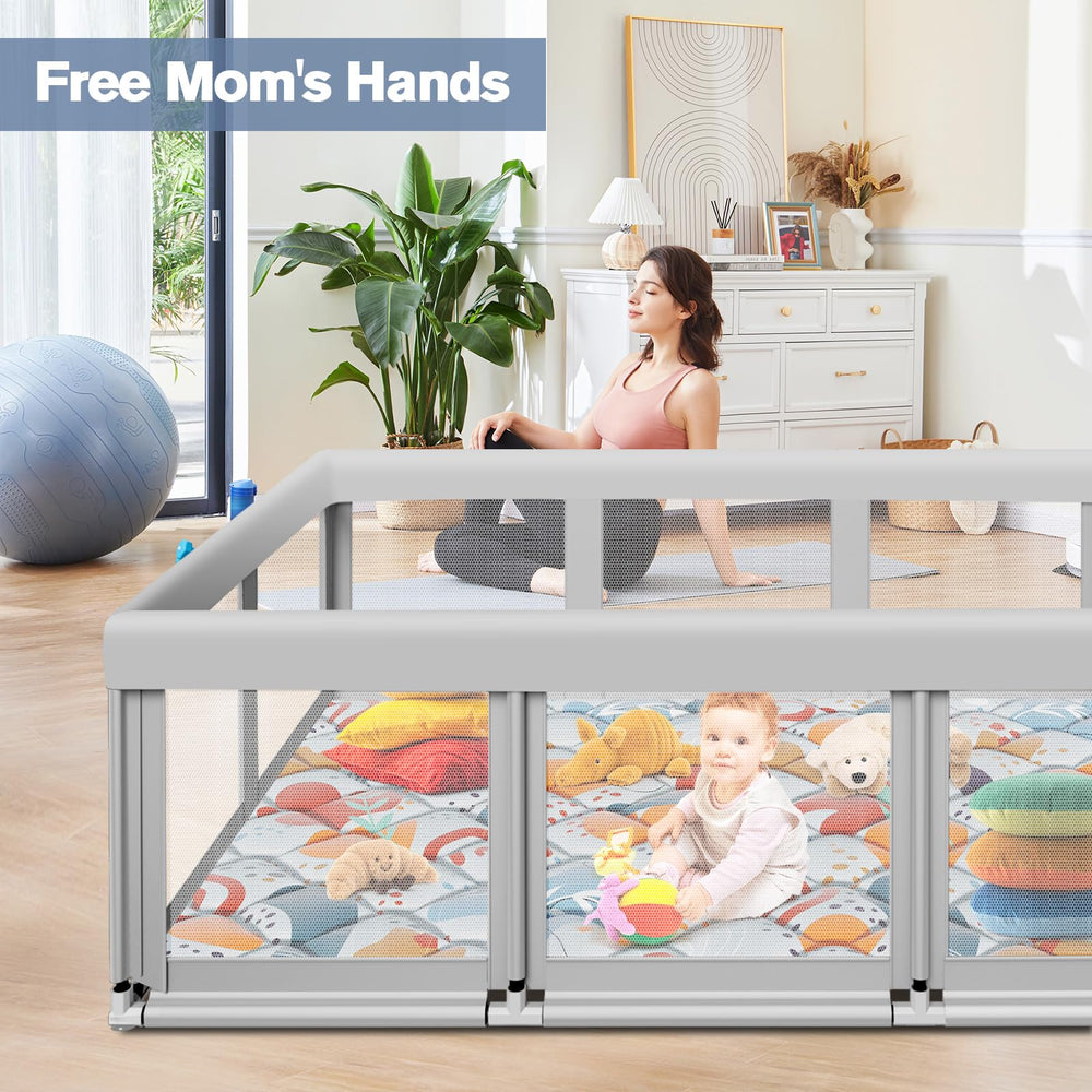Jaobeem playpen with included mat for stable crawling and easy cleanup.