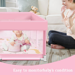 Jaobeem pink playpen features animal prints to spark baby exploration.