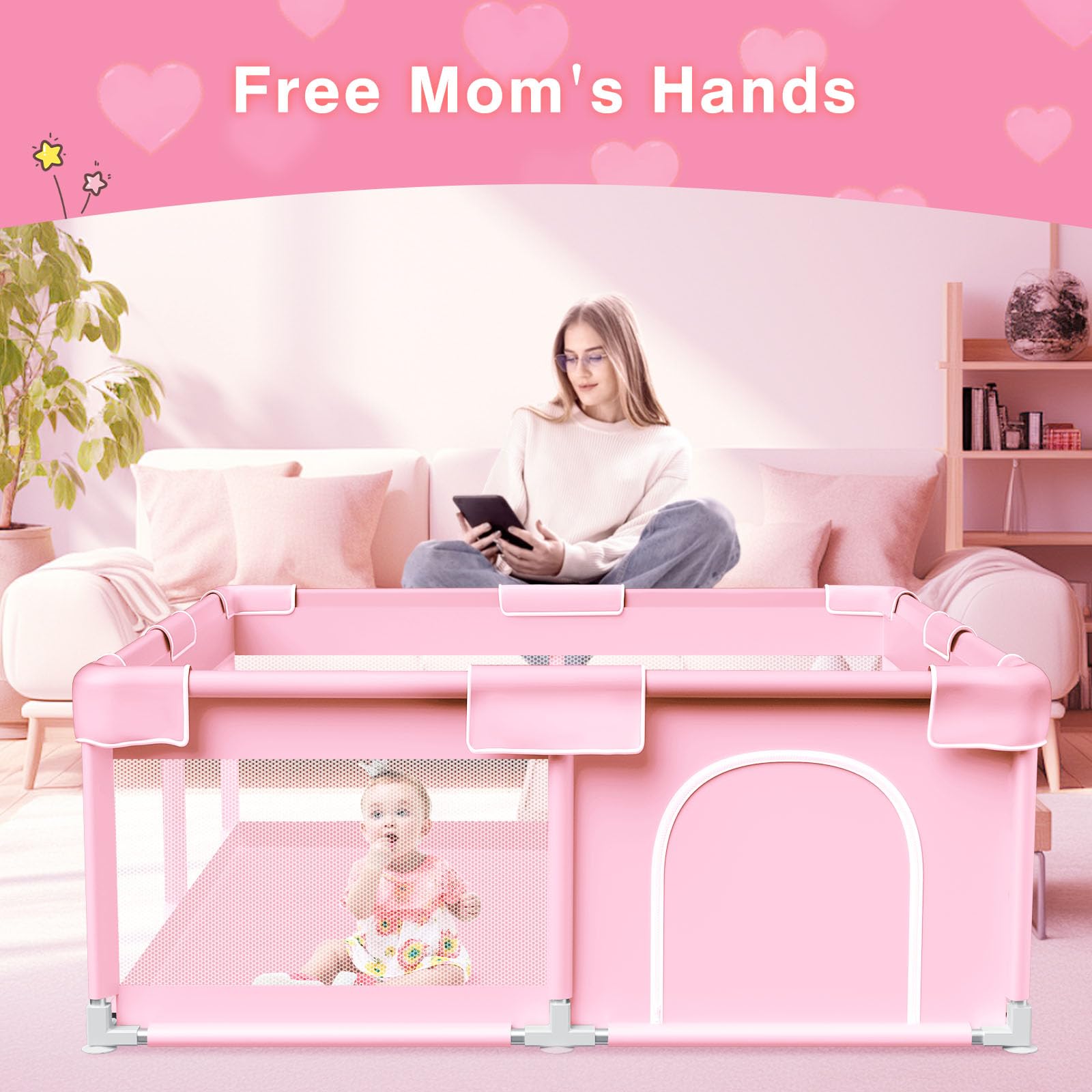 Jaobeem pink baby playpen 360 degree mesh provides clear visibility and security.