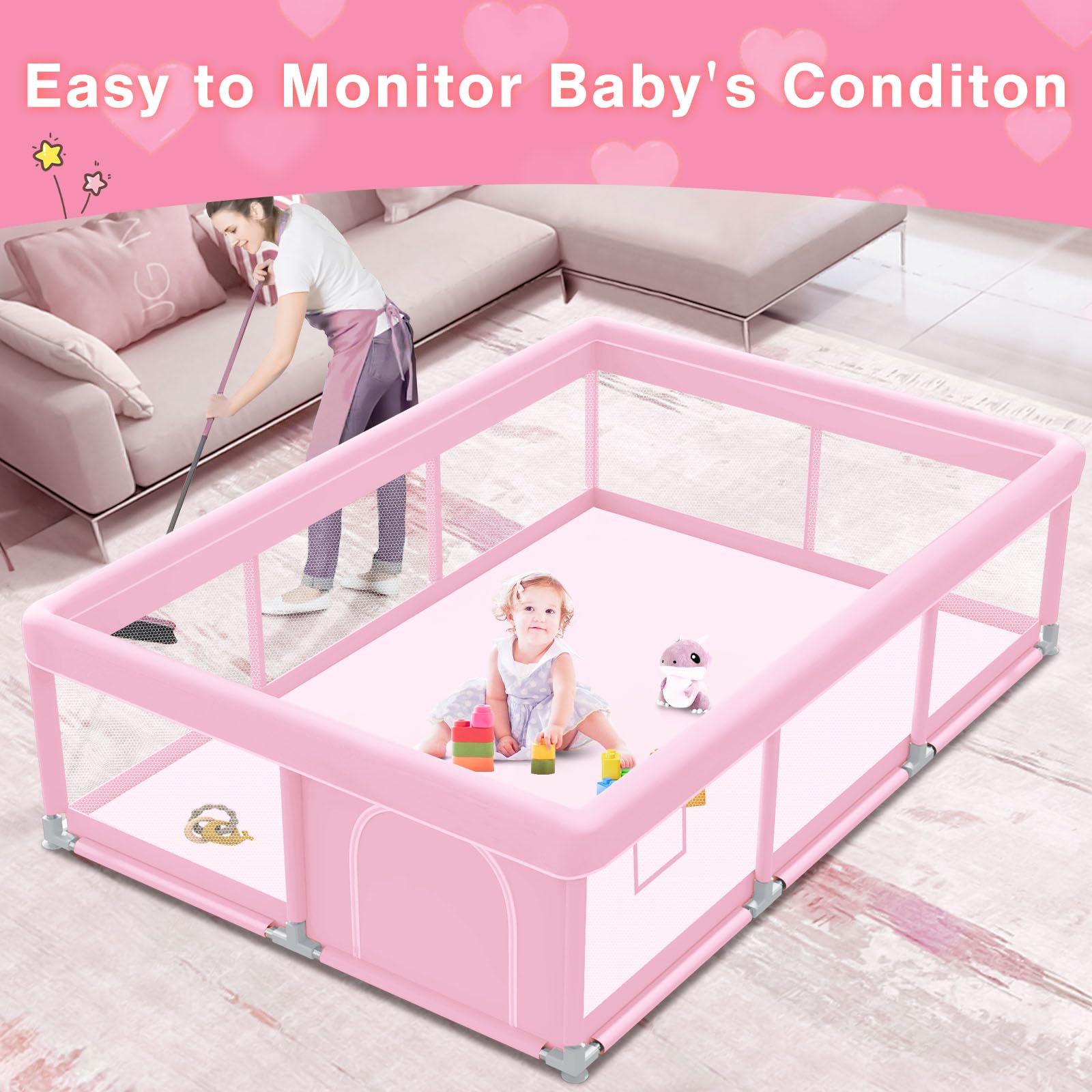 Jaobeem pink playpen with 360 degree vision mesh for easy supervision