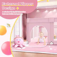 Jaobeem pink playpen with 360-degree mesh enables easy supervision