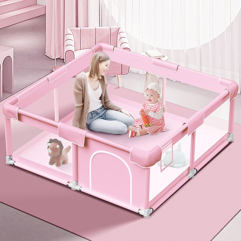 Jaobeem pink baby playpen assembly promotes quick, safe setup for playtime.