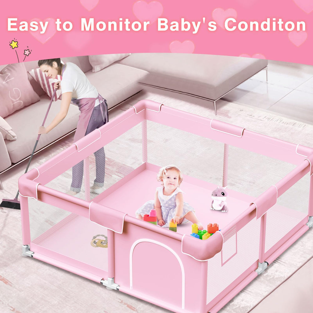 Jaobeem pink baby playpen anti-slip base helps keep the playpen steady indoors.