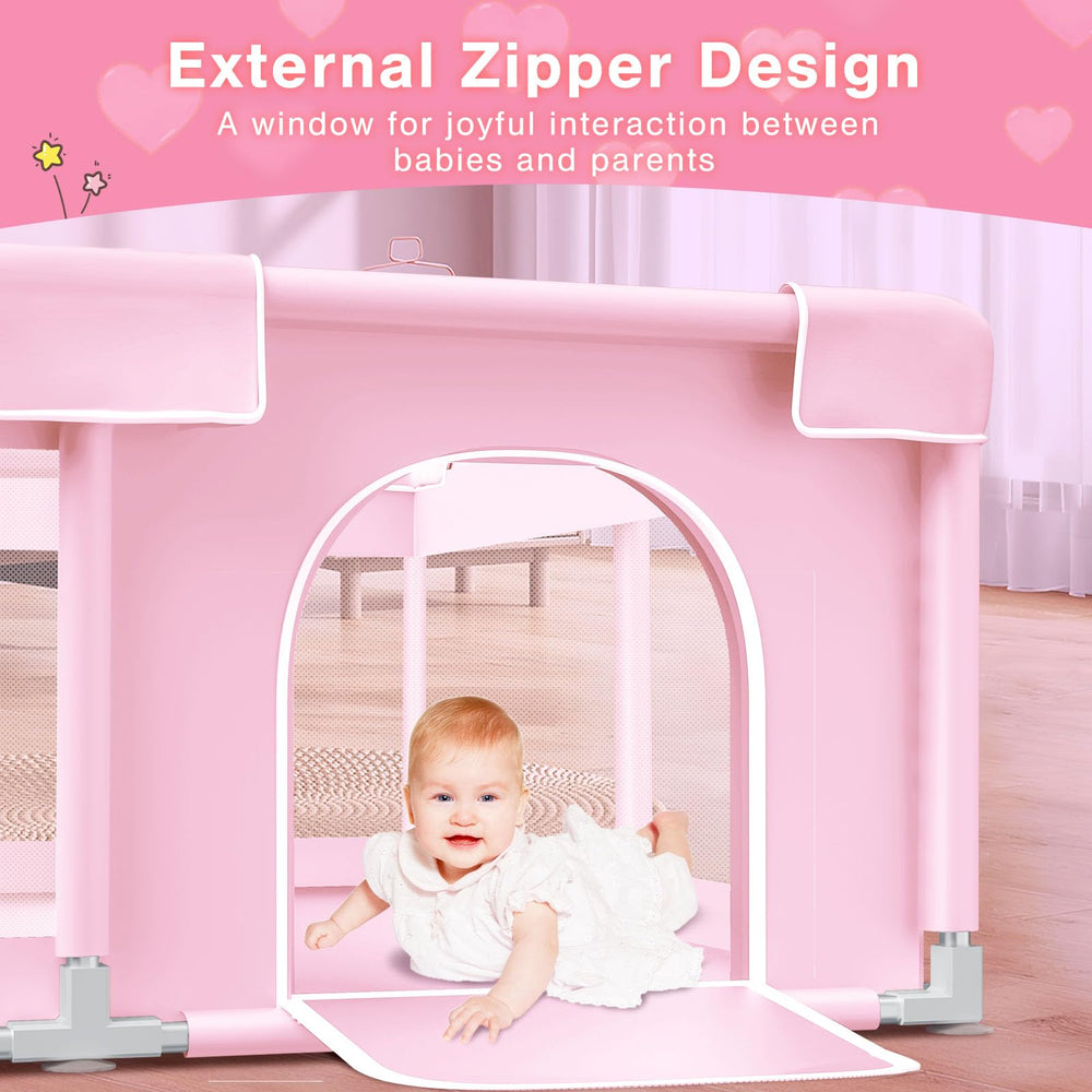 Jaobeem pink baby playpen suitable for indoor and outdoor use during family time.