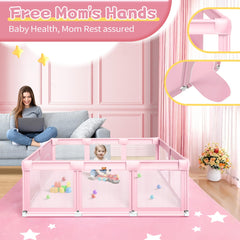 Jaobeem pink large playpen side view confirms sturdy frame for home use