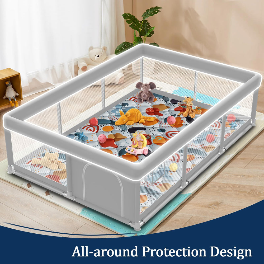 Jaobeem playpen safety gate assembly frame shows sturdy enclosure for extended play.