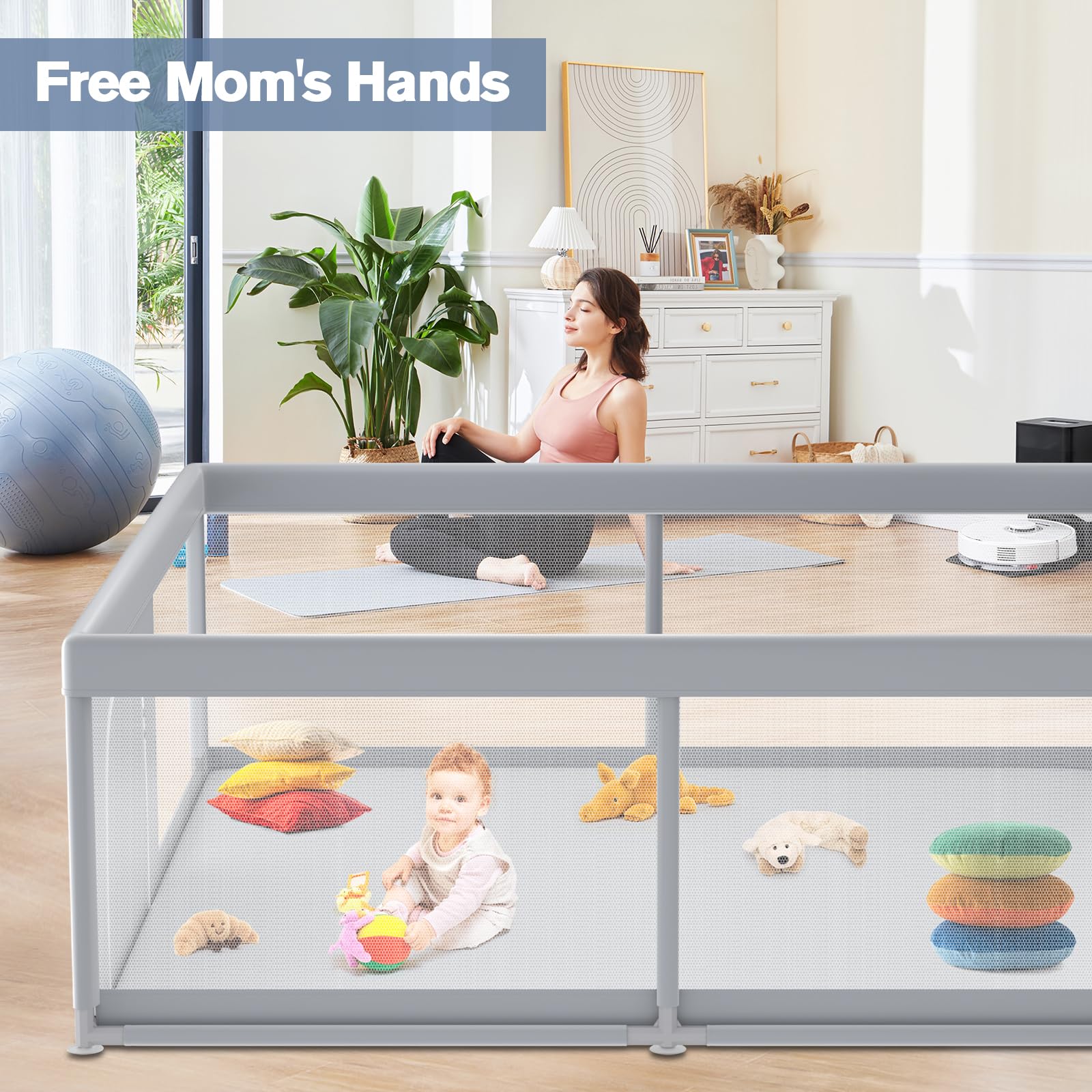 Jaobeem playpen with two zipper doors for easy access and supervision