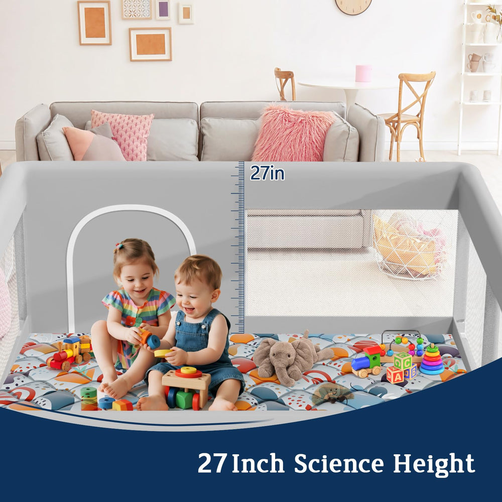 Jaobeem playpen wide play area invites supervised exploration and learning.