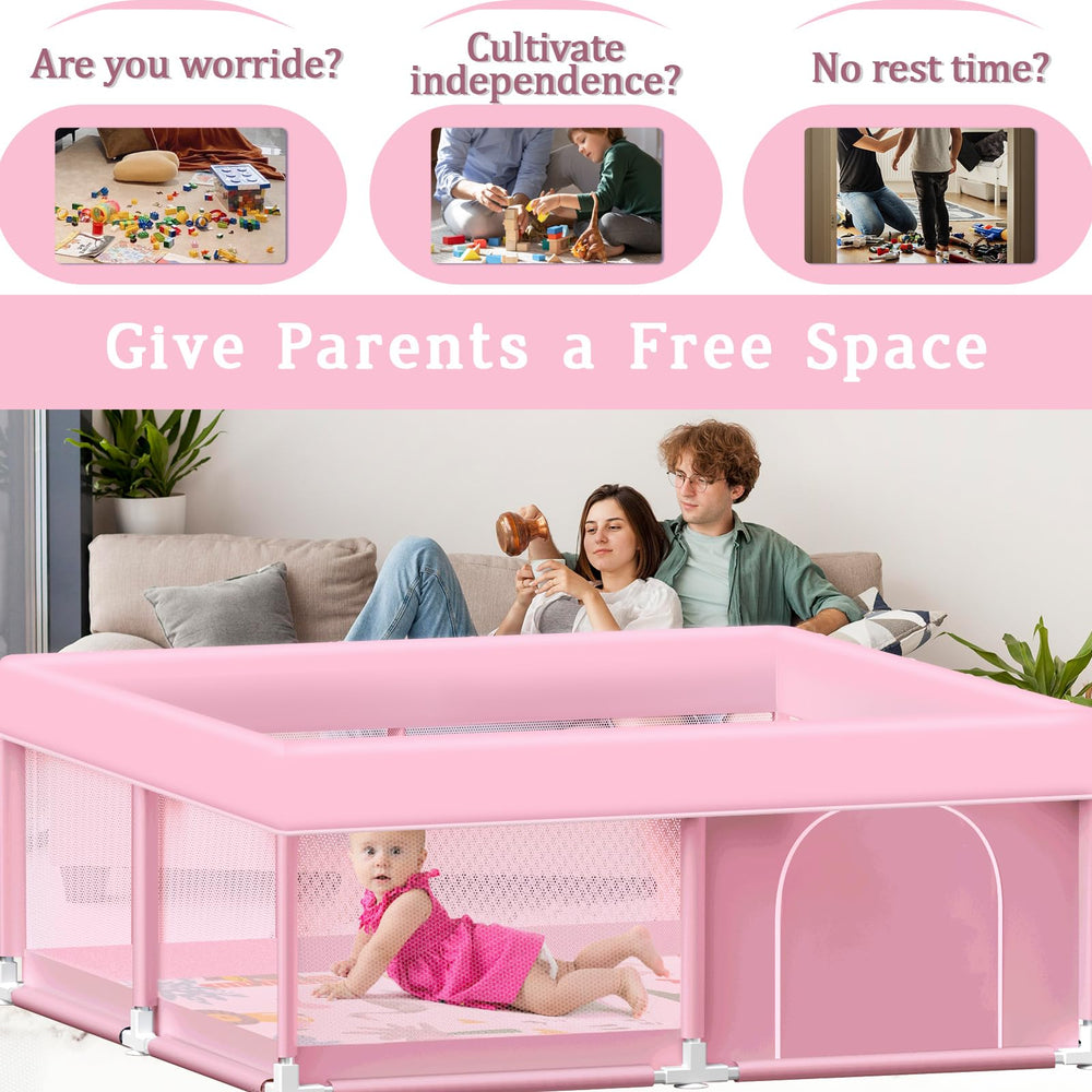 Jaobeem playpen with mat and anti-slip surface keeps mat secure during play.