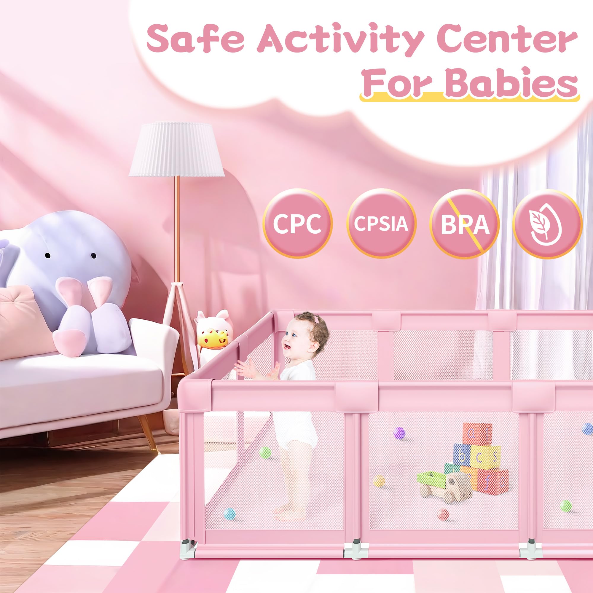 Jaobeem pink playpen provides space for toddlers learning to walk