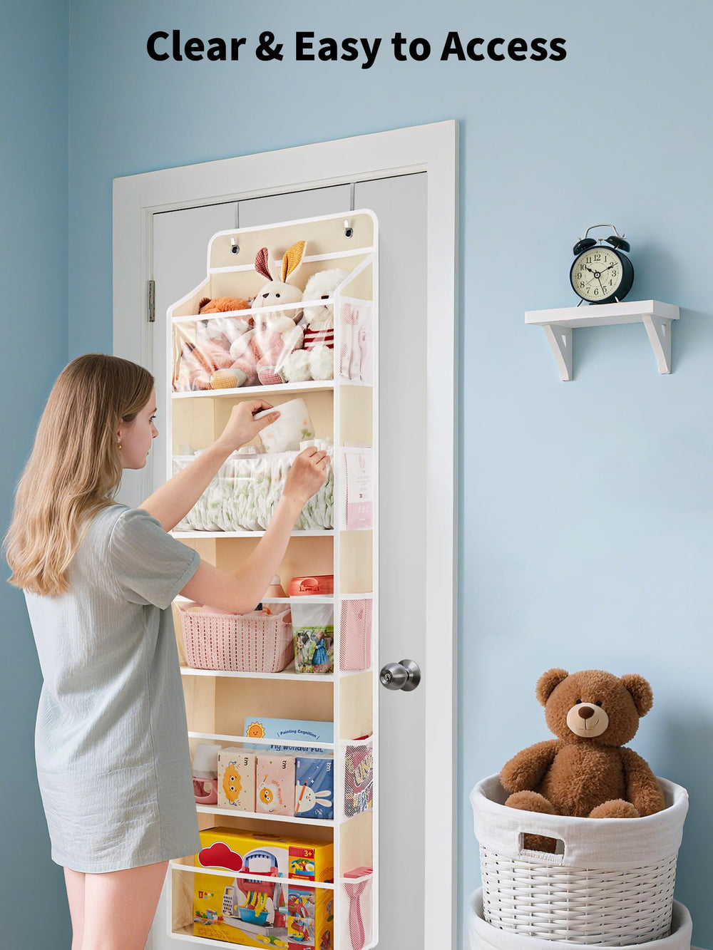 JARLINK 5-shelf nursery storage keeps diapers and bottles organized.