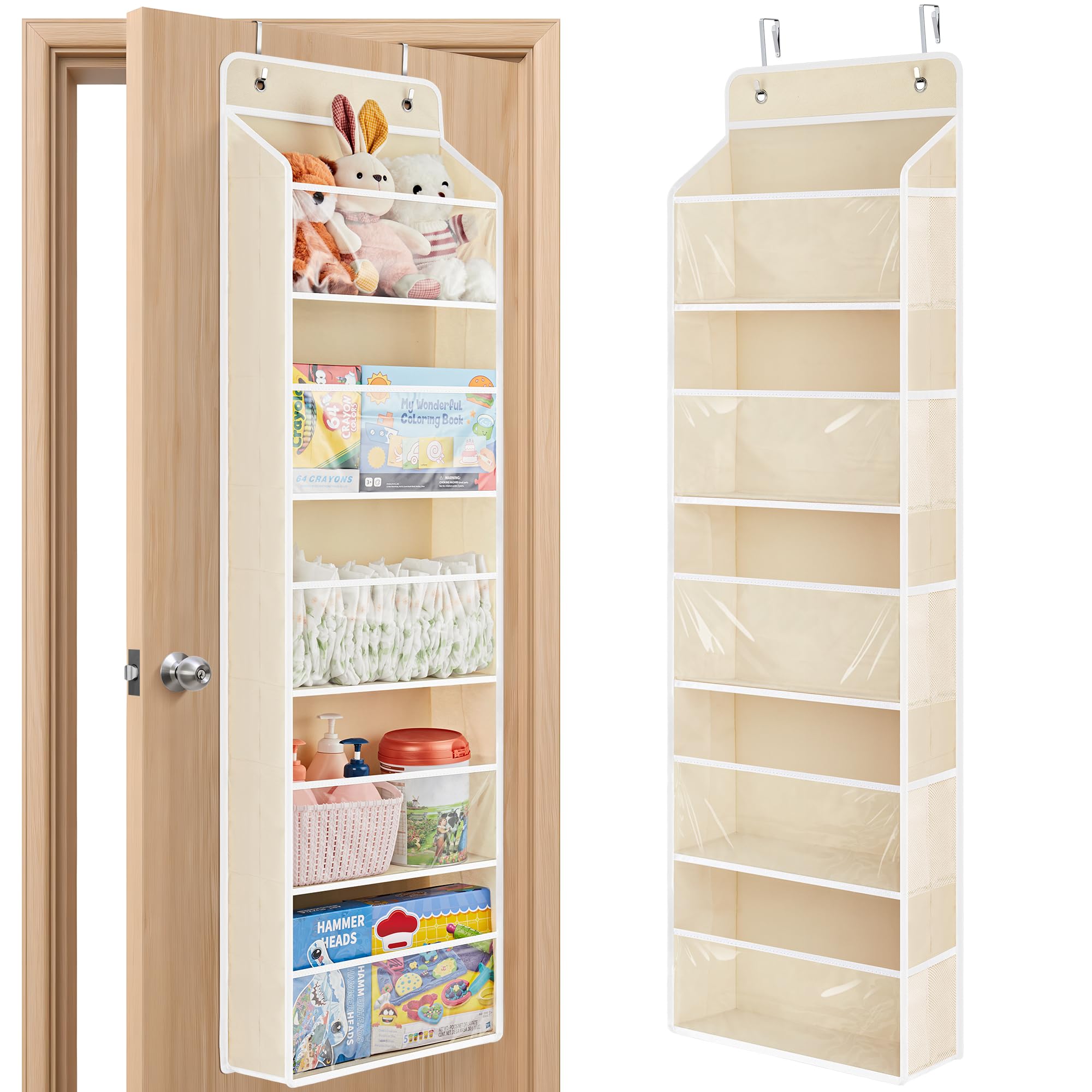 JARLINK over-the-door toy storage with clear windows for quick access to stuffed animals.