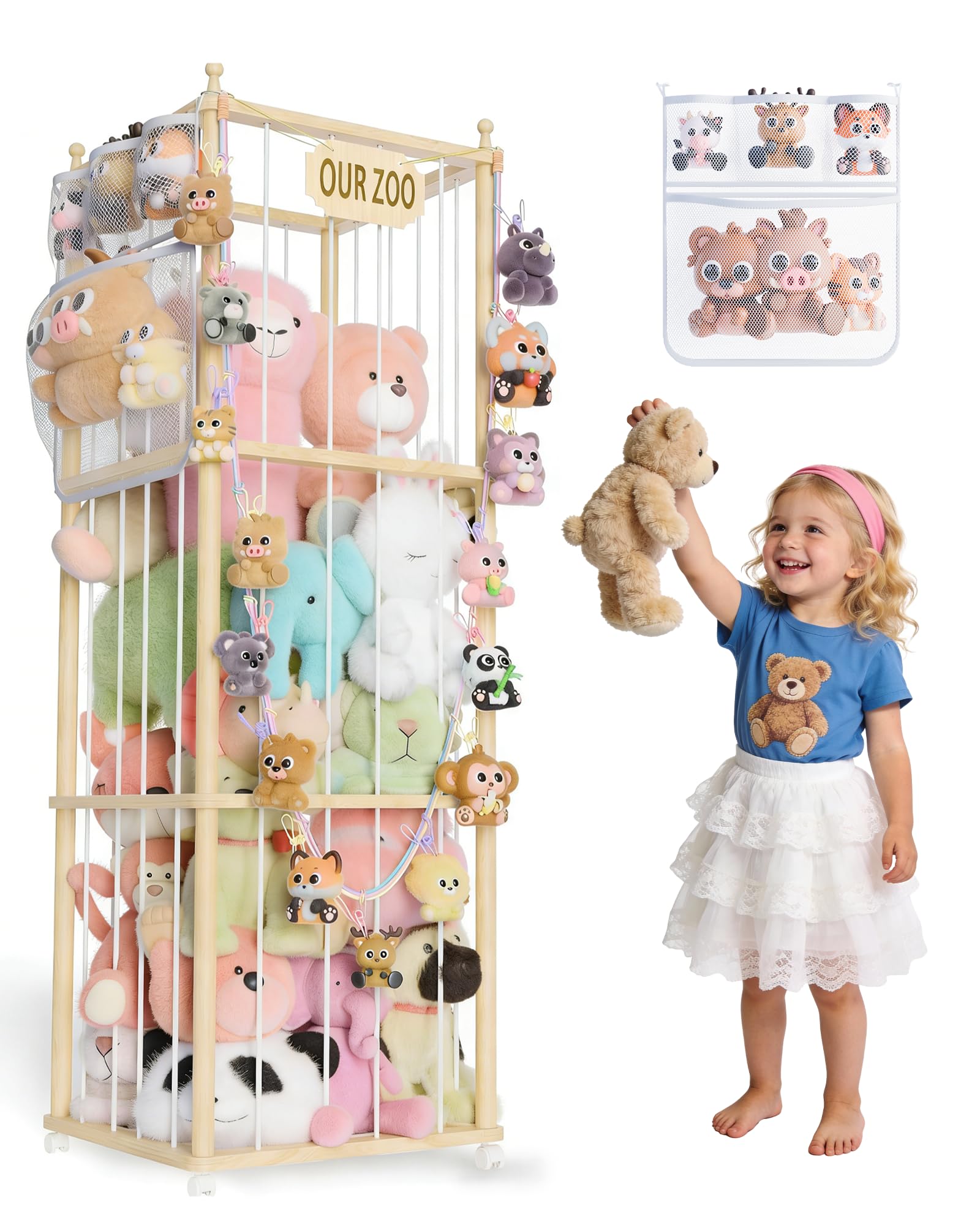 JarryStart stuffed animal storage front view showing spacious rack for plush toys.