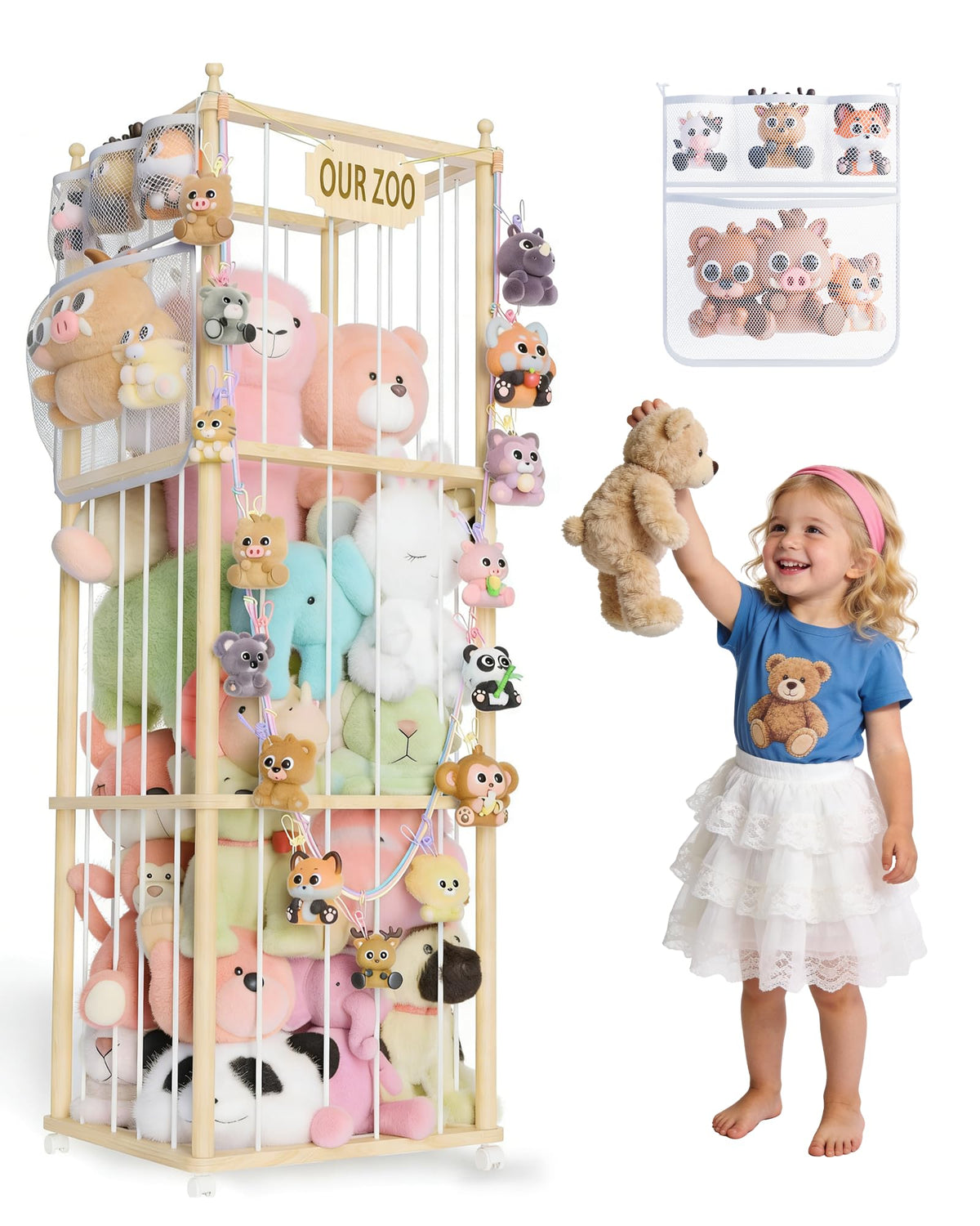 JarryStart stuffed animal storage front view showing spacious rack for plush toys.