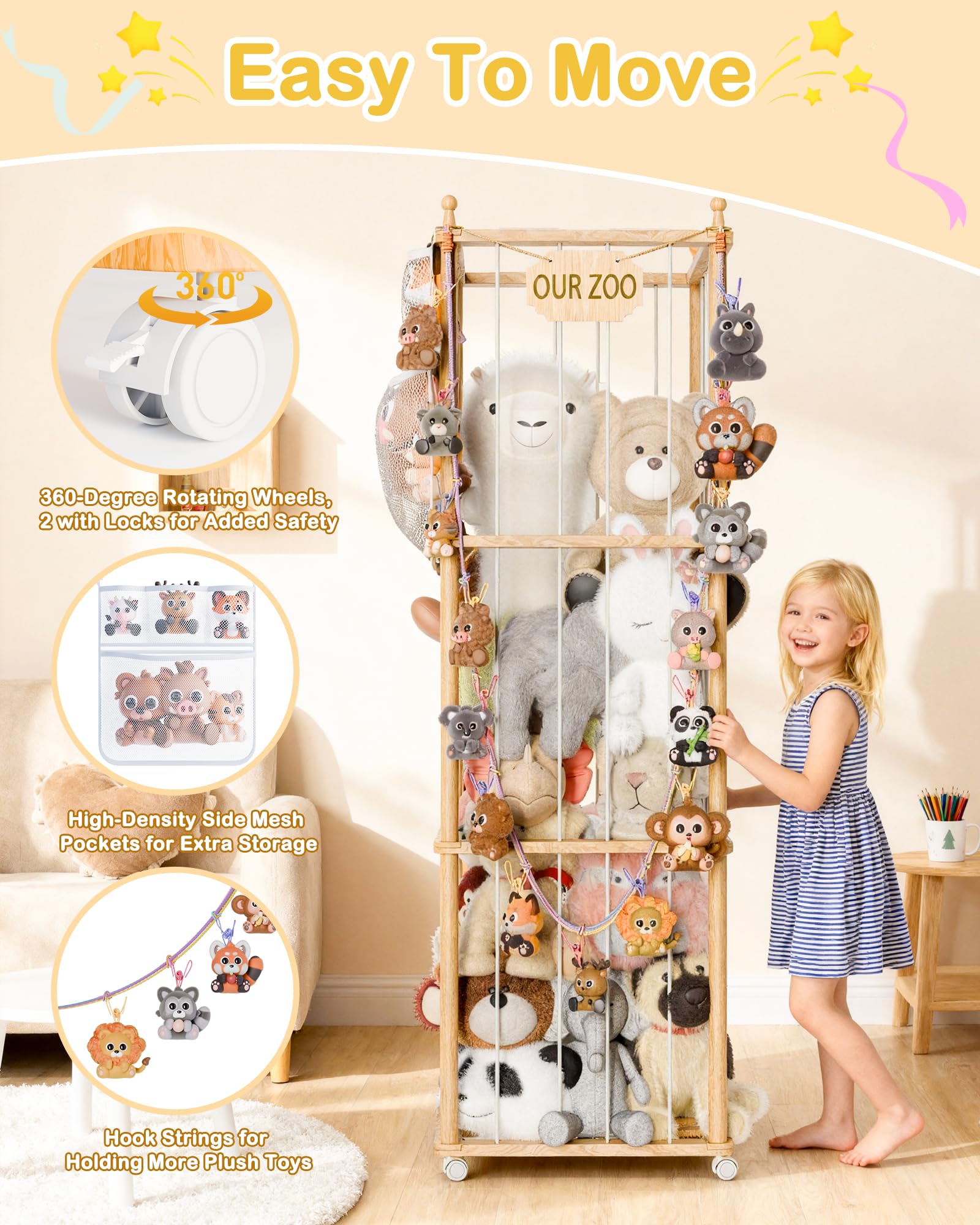 JarryStart wooden zoo organizer side pockets highlight extra storage space.