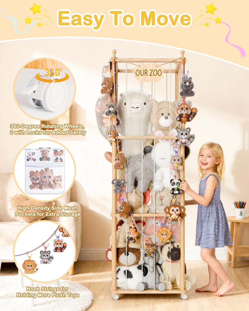 JarryStart wooden zoo organizer side pockets highlight extra storage space.