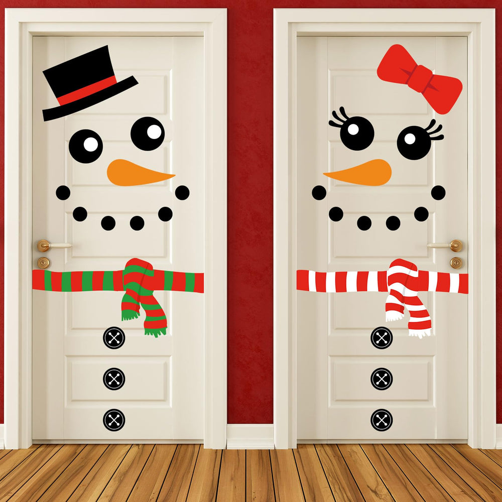 JarThenaAMCS 2-sheet Christmas snowman door stickers on a front door adding festive charm.
