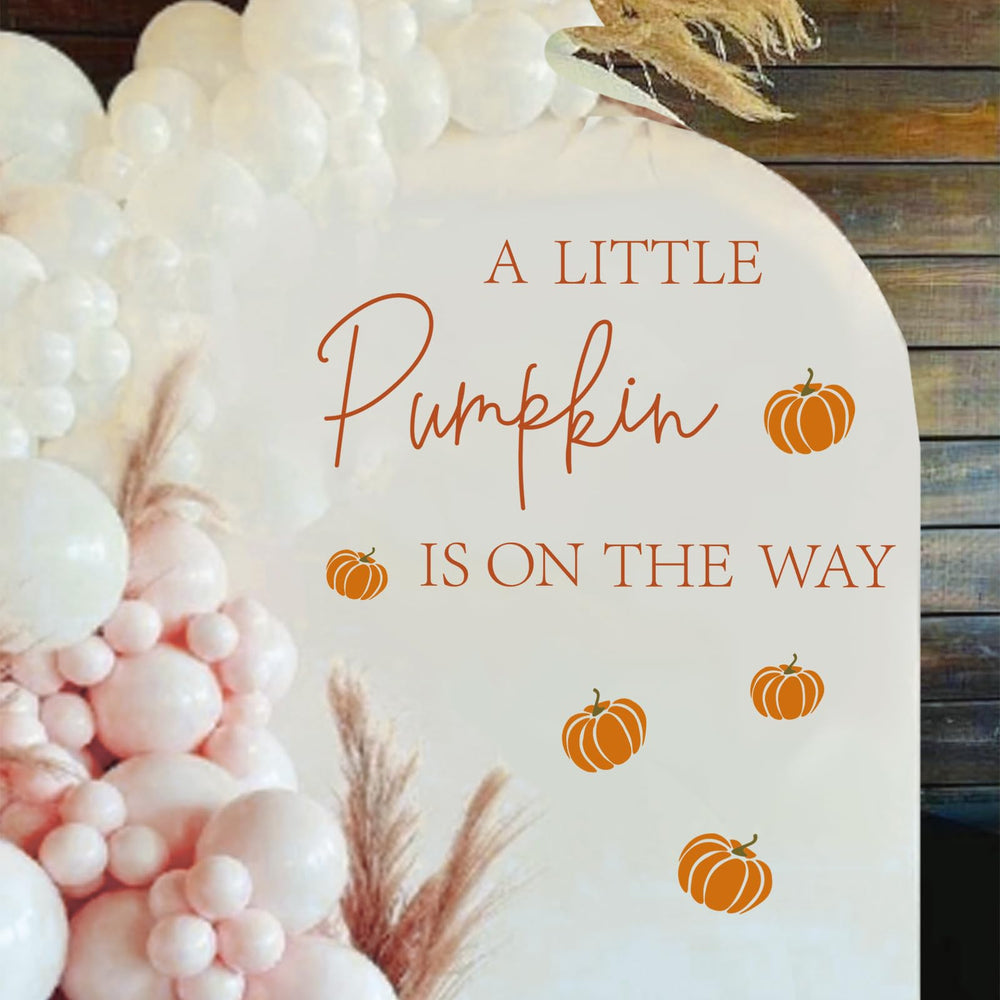 JarThenaAMCS A Little Pumpkin is on the Way wall sticker creates a festive gender reveal backdrop.