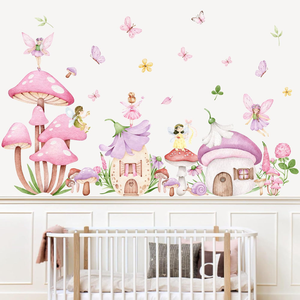 JarThenaAMCS fairy mushroom wall decal set adds whimsy to nursery walls.