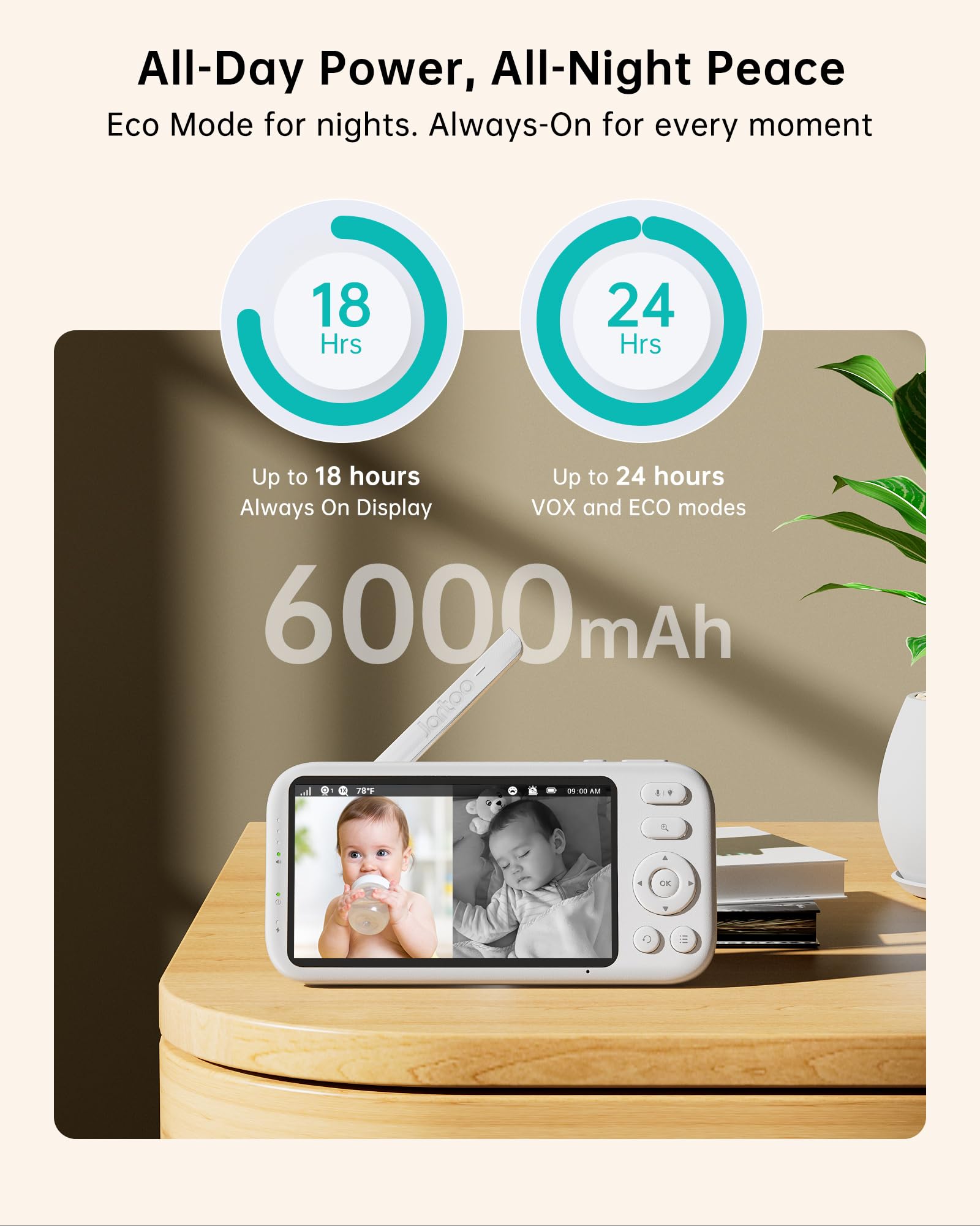 Jartoo 2-way audio and lullabies soothe baby.